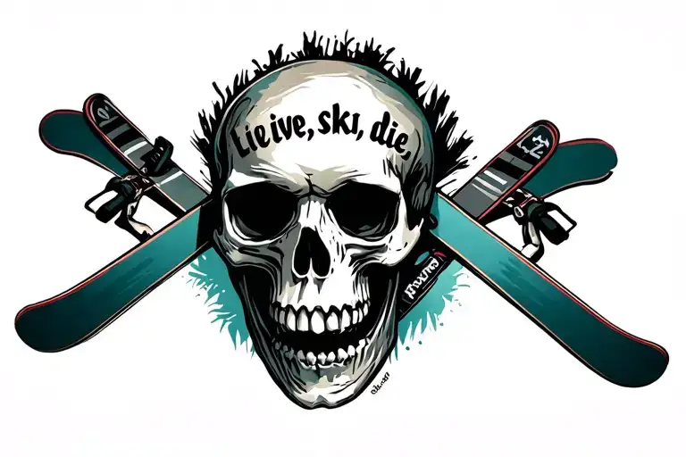 skull with skis crossed behind it with words saying "live, ski, die" tattoo design idea