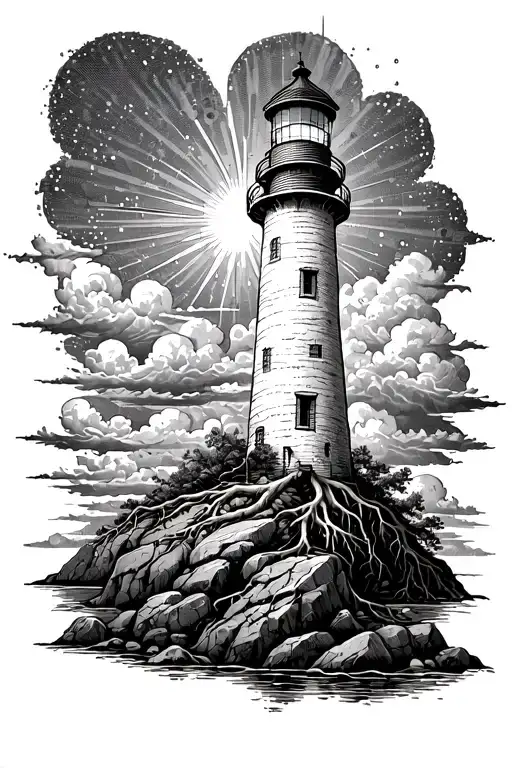 lighthouse with roots running down, built on top of rocks, with the light projecting  onto clouds in the shap of a cross tattoo design idea