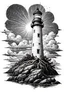 lighthouse with roots running down, built on top of rocks, with the light projecting  onto clouds in the shap of a cross tattoo design idea