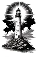 lighthouse with roots running down, built on top of rocks, with the light projecting  onto clouds in the shap of a cross tattoo design idea