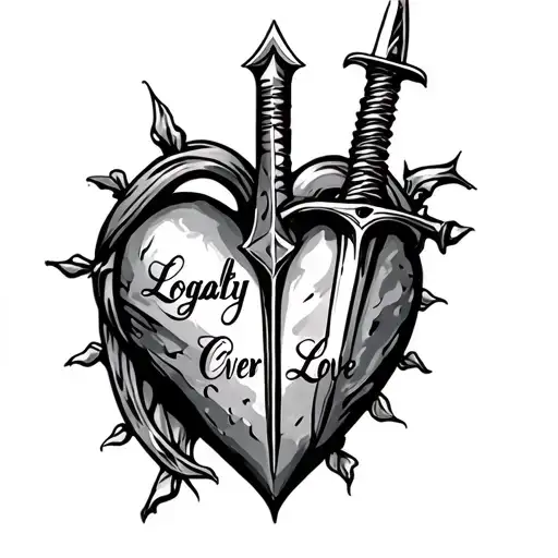 a heart with a dagger stabbed into it and the words loyalty over love around the heart tattoo design idea