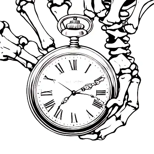 One skeleton hand, with another human woman's hand, holding a pocket watch together. Drawn in single line, 2d, black and tattoo design idea