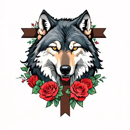 wolf guarding a cross, cross wrapped in roses  tattoo design idea