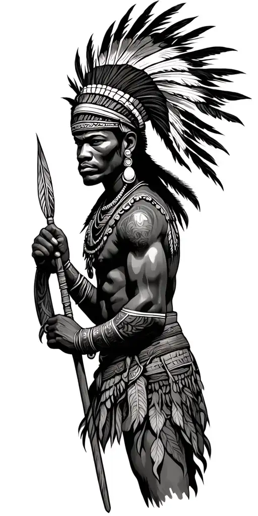 African warrior with head head dress holding a spear tattoo design idea
