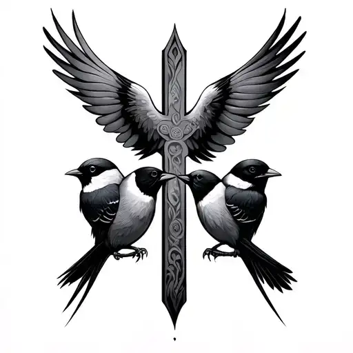 cross with 3 little birds tattoo design idea