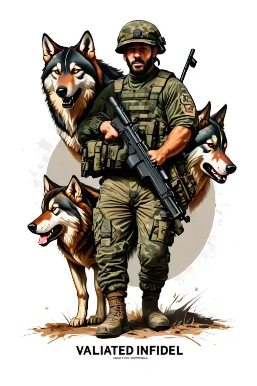 "VALIDATED INFIDEL " US Army soldier, infantry iin combat scene, with a good wolf by his side and a evil wolf by his other side tattoo design idea