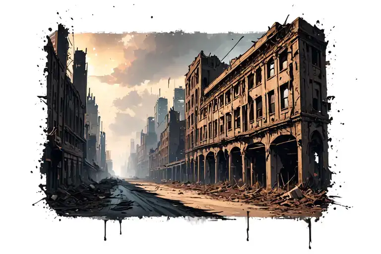 A Fallout-inspired destroyed ubran cityscape. Perspective from the street. Faded edges tattoo design idea