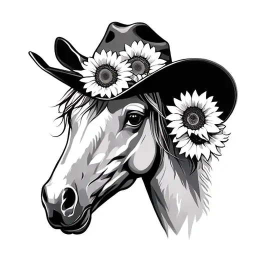 Cowgirl hat adorned with sunflowers, above a horse tattoo design idea