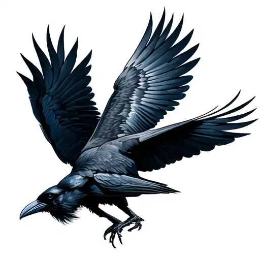 Hyper-realistic raven tattoo design in mid-takeoff pose, 3/4 side view, wings pulled back with detailed feather groups,  tattoo design idea