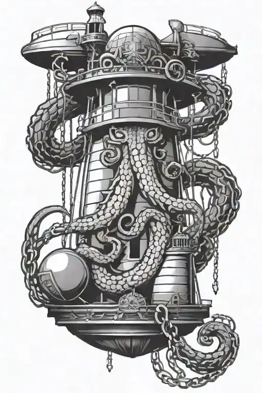 kraken holding two buoys with chains, lighthouse tattoo design idea