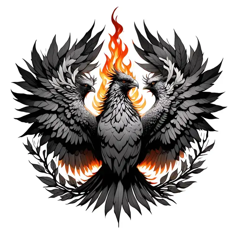 phoenix with fire in the middle of its back and branches of leaves around it tattoo design idea