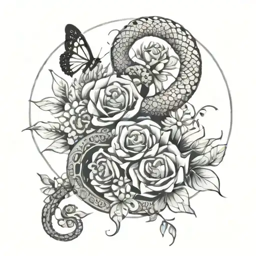 spine tattoo, snake wrapped around flowers (water lilies, roses, daisies, etc) and the moon and butterflies tattoo design idea