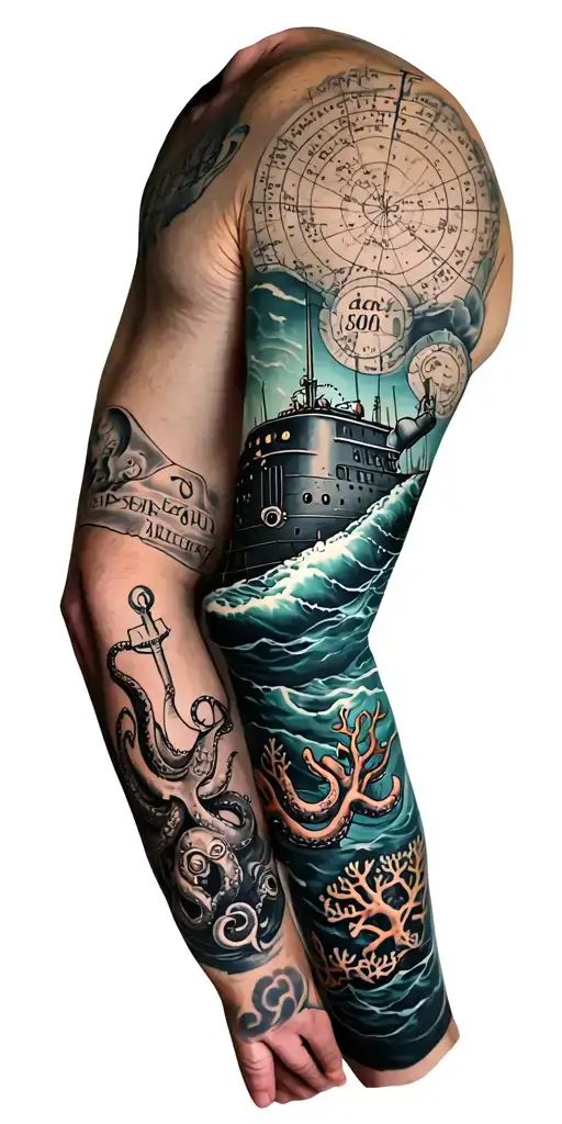 sleeve featuring nautical elements like a diesel submarine, octopus, anchor, coral, and nautical charts tattoo design idea