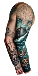 sleeve featuring nautical elements like a diesel submarine, octopus, anchor, coral, and nautical charts tattoo design idea