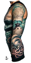 sleeve featuring nautical elements like a diesel submarine, octopus, anchor, coral, and nautical charts tattoo design idea