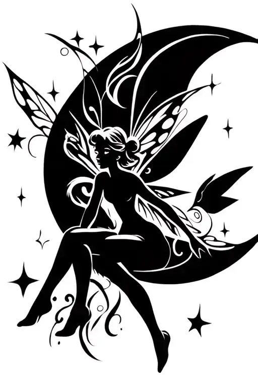 tinkerbell sitting on moon tattoo design idea