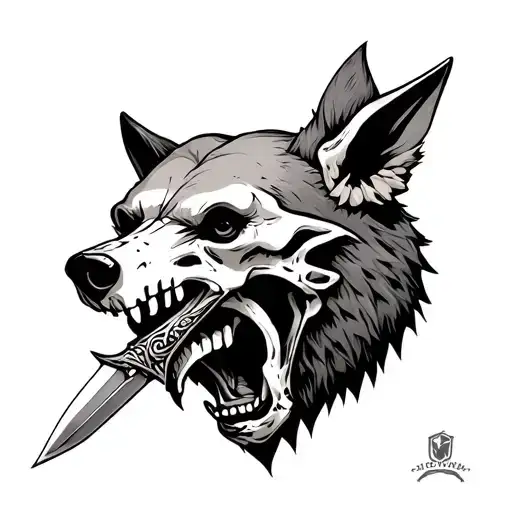 jackal head with a bear skull periced by a dagger in the jackals mouth  tattoo design idea