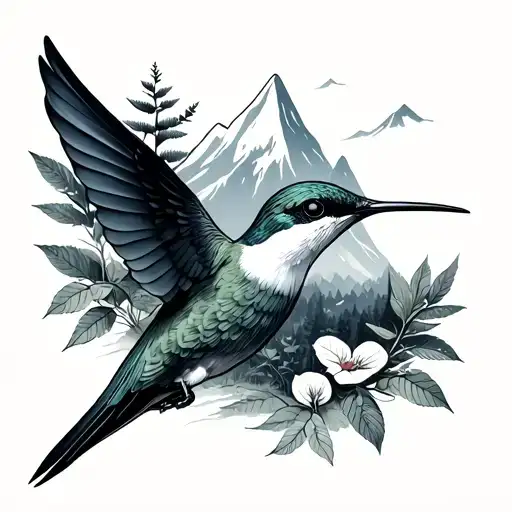 humming bird mountain forest tattoo design idea