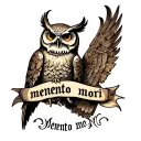 owl with a skull and the words memento mori written tattoo design idea