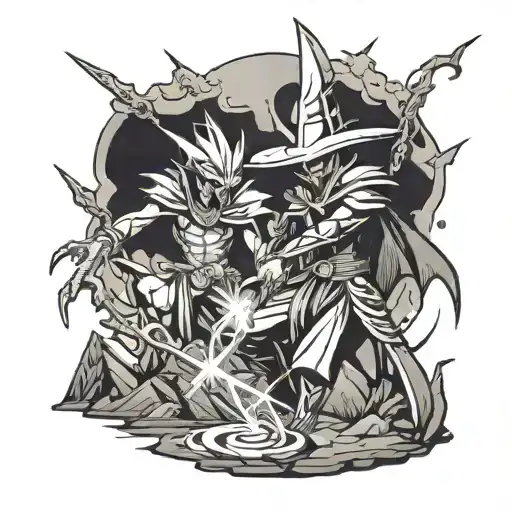 Alakazam and Dark Magician performing amidst a mountain tattoo design idea