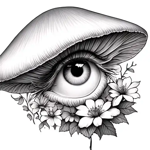mushroom head fairy, cottagecore, eyeball floral garden, black and white tattoo design idea