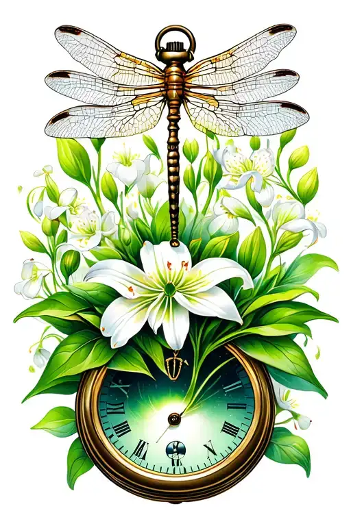 pocketwatch Lilly of the valley dragonfly tattoo design idea