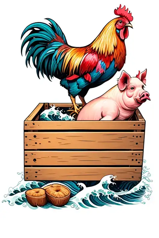 Pig and rooster with waves and wooden crate tattoo design idea