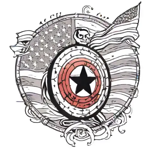 captain America shield in front of Americans flag downward spiral tattoo design idea
