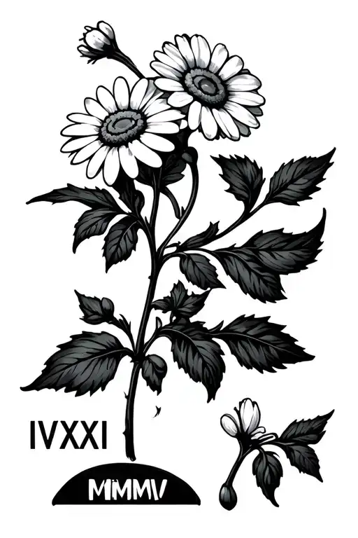 daisy and sweat pea flower with the vine writing out  IV・XXI・MMV in stencil-form  tattoo design idea