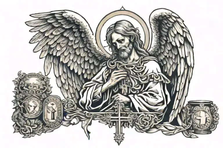 angel with money, dove, and cross of Jesus Christ tattoo design idea