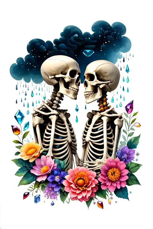 two skeletons holding hands surrounded by flowers, gemstones, a rain cloud tattoo design idea