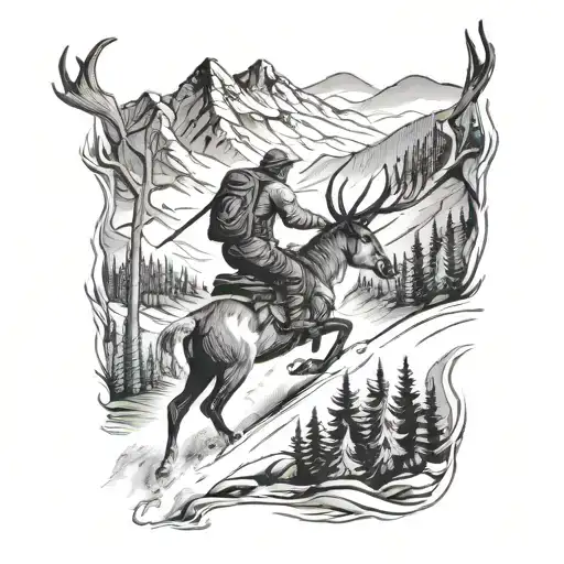 A skier carving through the mountains with a mule deer and ravens flying overhead tattoo design idea