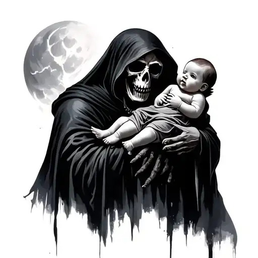 grim reaper holding baby tattoo design idea
