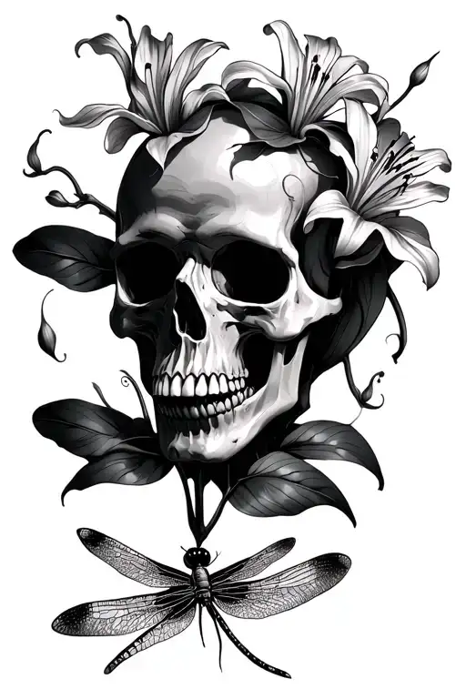 death head, dragonfly, dreams dreams, lilies tattoo design idea