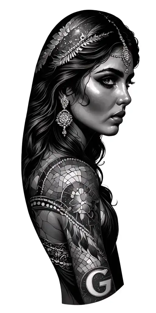 On full arm (shoulder to hand) I d like a beautiful Mexican Katrina with mosaic and galactic design, with a G letter som tattoo design idea