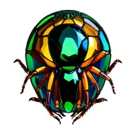 Realistic mirror spider, translucent green and yellow body and thin, glassy legs. 3D abdomen stained glass window tattoo design idea