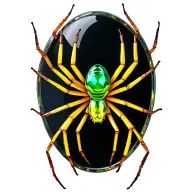 Realistic mirror spider, translucent green and yellow body and thin, glassy legs. 3D abdomen stained glass window tattoo design idea