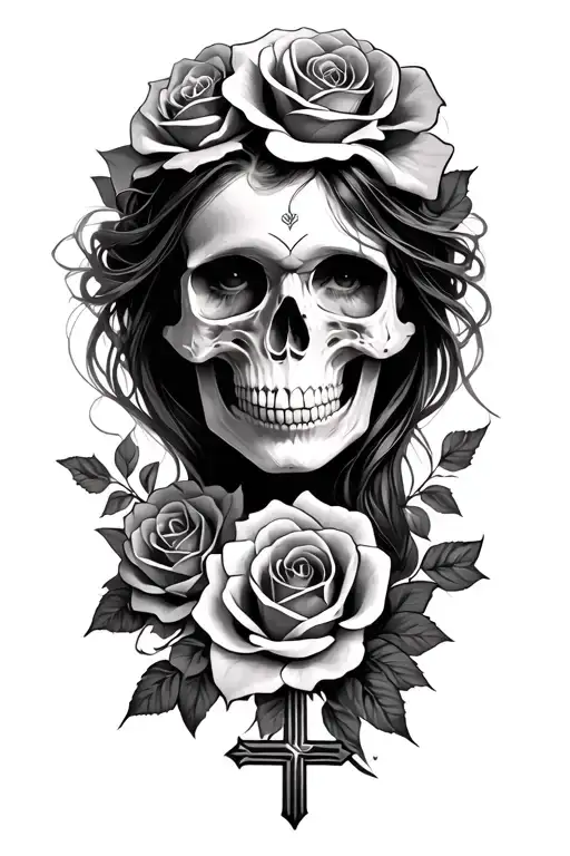skulls, roses, cross, with a woman morphing in to skull tattoo design idea
