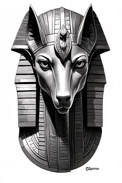 realistic realism Egyptian Anubis portrait at an angle sculpture black and grey realism hyper realism tattoo design idea