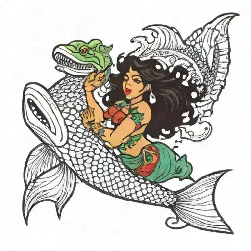 Hispanic mermaid with large breast swimming with crocodile  tattoo design idea