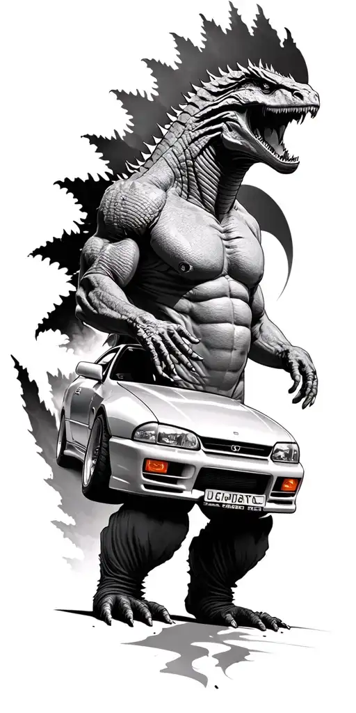Create a tattoo that is JDM inspired with a R34 skyline, a shout out to Godzilla and includes some decals from need for  tattoo design idea