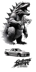 Create a tattoo that is JDM inspired with a R34 skyline, a shout out to Godzilla and includes some decals from need for  tattoo design idea