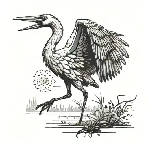 A crane lands without a background in a realistic black and gray style tattoo design idea