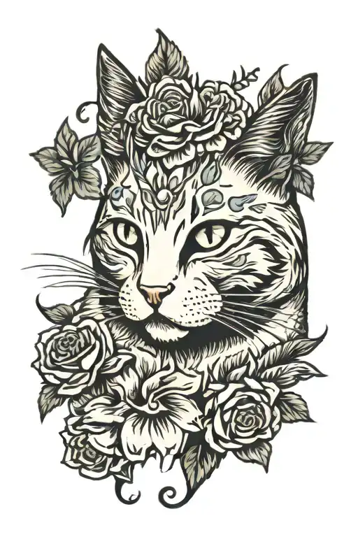 Ghost cat flower flower crown tattoo design idea