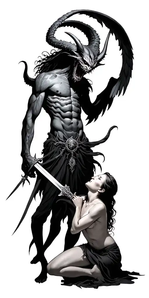 Demon standing over a angel Kneling with sword tattoo design idea