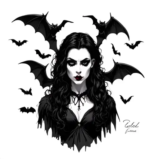 vampire woman with bats around flying tattoo design idea