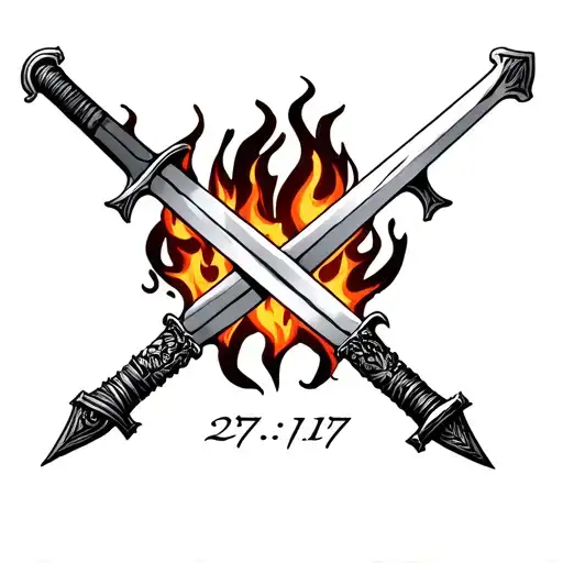 swords crossing each other with proverbs 27: 17 written and fire tattoo design idea