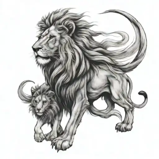 Get a delicate and charming tattoo that represents the Lion of Judah from the Bible with a little girl on his back tattoo design idea