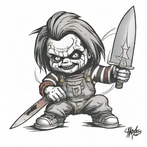 Chucky doll holding a knife beside Micheal Myers tattoo design idea