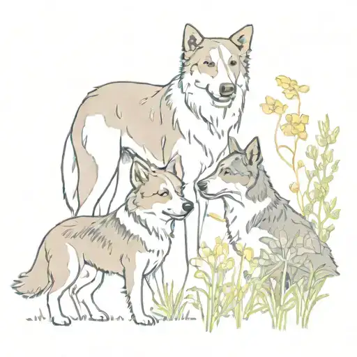 two dogs playing in a field of wildflowers, a sable colored old-time scotch collie, an Australian cattle dog tattoo design idea